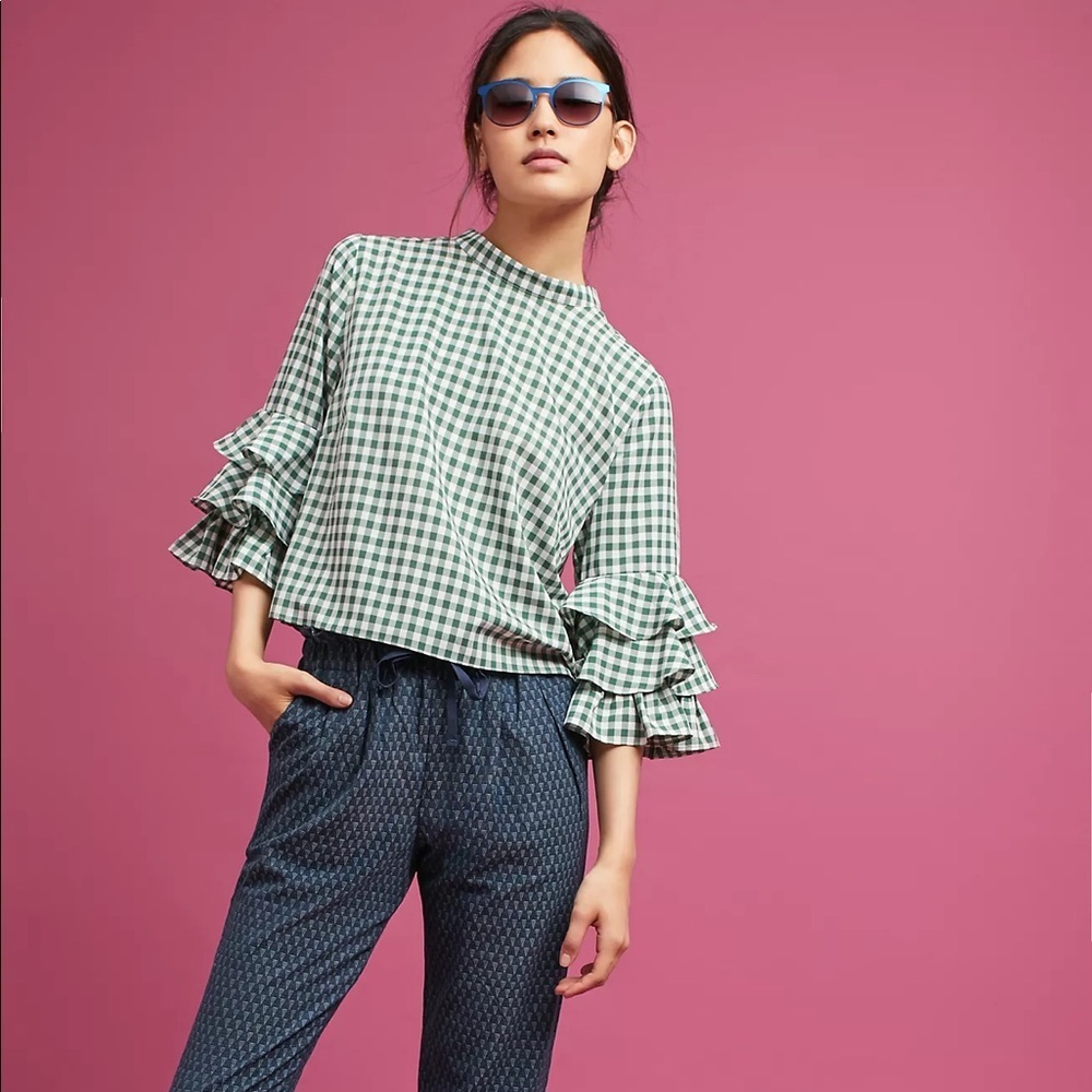 Anthropologie Sunday in Brooklyn Green 3/4 Sleeve Ruffled Gingham Top Size S
